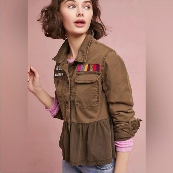 Anthropologie Peplum Military Jacket Brown Utility small - Picture 1 of 12